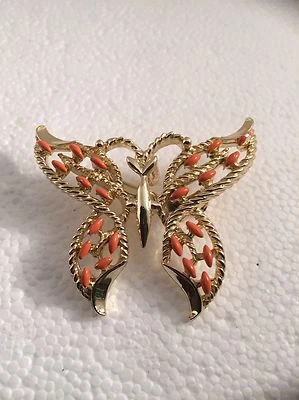 Pin Vintage Estate Butterfly Signed Gerry Coral Colored Enamel Goldtone Brooch - Image 1 of 3