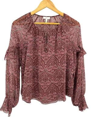 Joie Burgundy Agneta Paisley Silk Sheer Ruffle Sleeve Blouse Size XS - Image 1 of 4