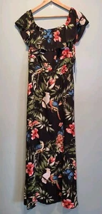 New Tropical Floral Bird  Flutter Sleeve Maxi Dress Sz L Vacation Resort - Picture 1 of 8