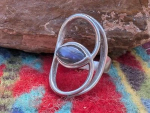 Vintage Mystical Sterling Labradorite Ring, Silver Vesica Piscis Ring - Picture 1 of 10