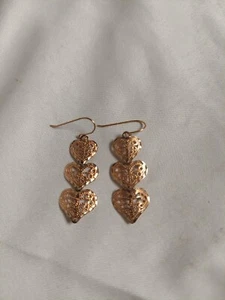 18K Gold over 925 Silver Filigree Three Heart Drop Earrings - Picture 1 of 2