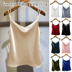 Women Lady Tank Top Strappy Satin Vest Casual Shirt Sleeveless Solid Vest - Picture 1 of 21