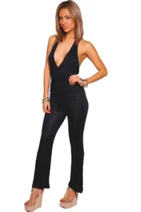 Sexy taillierter Jumpsuit Damen hinten offen Stretch Neckholder ausgestelltes Bein - Bild 1 von 12