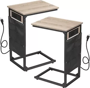 2PCS C Shape End Table w/Charging Station, Side Table for Couch with Side Pocket - Picture 1 of 8