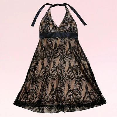 Vestido de fiesta halter lentejuelas y2k negro encaje superpuesto caprichoso gótico hada grunge 12 Foto 1 de 4