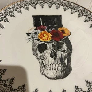 Halloween 4 Dinner Plates Skull  Harvest Green Studio w/Flower Top Hat Gold Trim - Picture 1 of 5