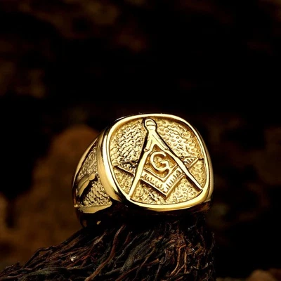 Vintage Freemason Masonic Signet Ring Stainless Steel Gold Plated Ring Size 7-13 - Image 1 of 4