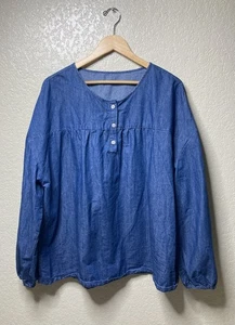 Plus Size 3XL Denim Peasant Blouse Linen Blend Blue Long Sleeve BOHO Unbranded - Picture 1 of 8