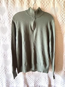 Tommy Hilfiger grüner Baumwollpullover Pullover Gr. L Mock Neck gesticktes Logo - Bild 1 von 13