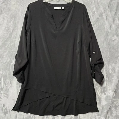 Susan Graver Stretch Woven 3/4 Roll Tab Sleeve Dress Shirt  18W Black Asymmetric - Image 1 of 4