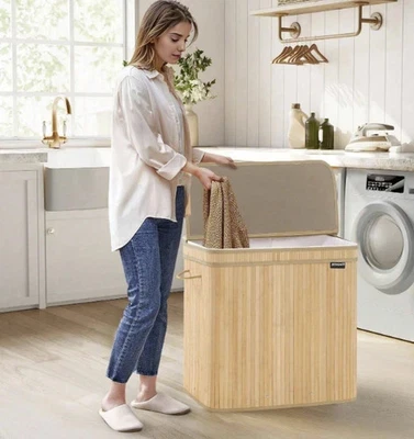 Smilesun 150L Bamboo Laundry Basket Lid 3 Compartment Washing Bin Storage Hamper - Image 1 of 4