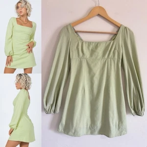 Princess Polly Linen Hastings Long Sleeve Mini Pastel Green Dress Size 2 Fairy - Picture 1 of 15