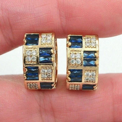 14k Yellow Gold Over 2Ct Round Lab-Created Sapphire Hoop Huggie Earrings Women - Image 1 of 2
