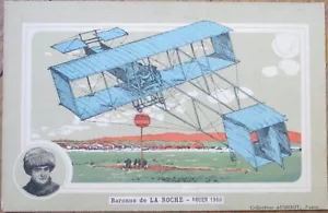 Postal de la aviación francesa 1910, avión biplano mujer aviador barona de Laroche - Imagen 1 de 2