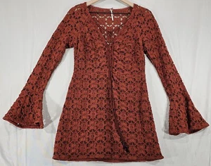 Free People Häkel Minikleid Glockenärmel Rost Festival Boho Fee Damen 6 - Bild 1 von 13