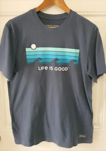 "Life Is Good" Crusher Tshirt. Men's Small. Darkest Blue Retro Wave Stripe. - Picture 1 of 6