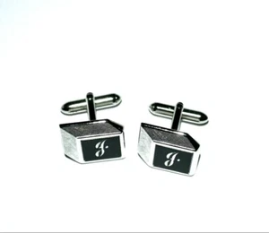 Swank Cufflinks Silver Tone With Black Accents Monogram Name Letter "J" - Picture 1 of 4