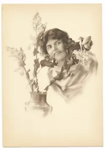 Vintage 1920's art print of a young lady with rose in her teeth - Imagen 1 de 2
