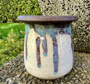 Art Pottery Stoneware Vase Utensil Holder Drip Glaze Footed White Blue Purple - Picture 1 of 11
