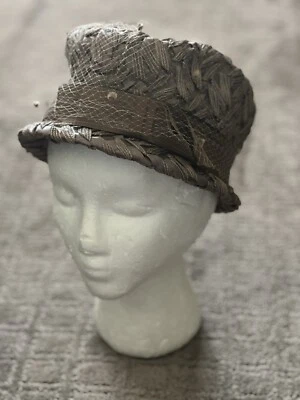 Винтажная 60-х годов Союза сделано гобелен серо-зигзагообразная шляпа-таблетка с сеткой США - Изображение 1 из 4