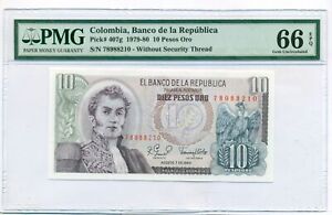 Colombia 1979-80 10 Pesos Oro Bank Note Gem Unc 66 EPQ PMG