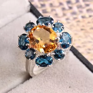 Naturale Citrino & London Topazio Blu Gemma Con 925 Anello Argento Sterling - Foto 1 di 10