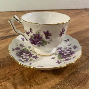 Vintage Aynsley Footed English Bone China Violette Cup & Saucer - Picture 1 of 8