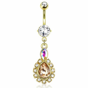 14K Gold Plated CZ Rounded Teadrop Center Dangling Navel Belly Button Ring 14g