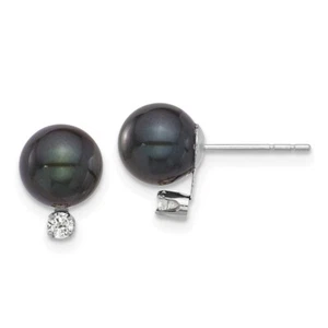 10.3mm 14K White Gold 7-8mm Black Cultured Akoya Pearl & .10ctw Diamond Earrings - Picture 1 of 4