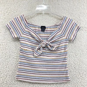 Rue 21 Juniors Womens Sz Medium Striped Ribbed Tshirt Bow Knot Tied Vneck - Picture 1 of 7