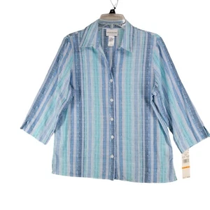 Alfred Dunner Blue Multi Striped Woven Textured Button Up Top 3/4 Sleeve Size S - Picture 1 of 10