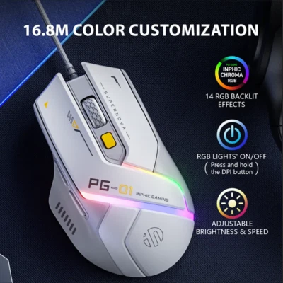 INPHIC PG1 Wired Gaming Mouse RGB 12800DPI Programmable Macro Hardware Keys - Image 1 of 4