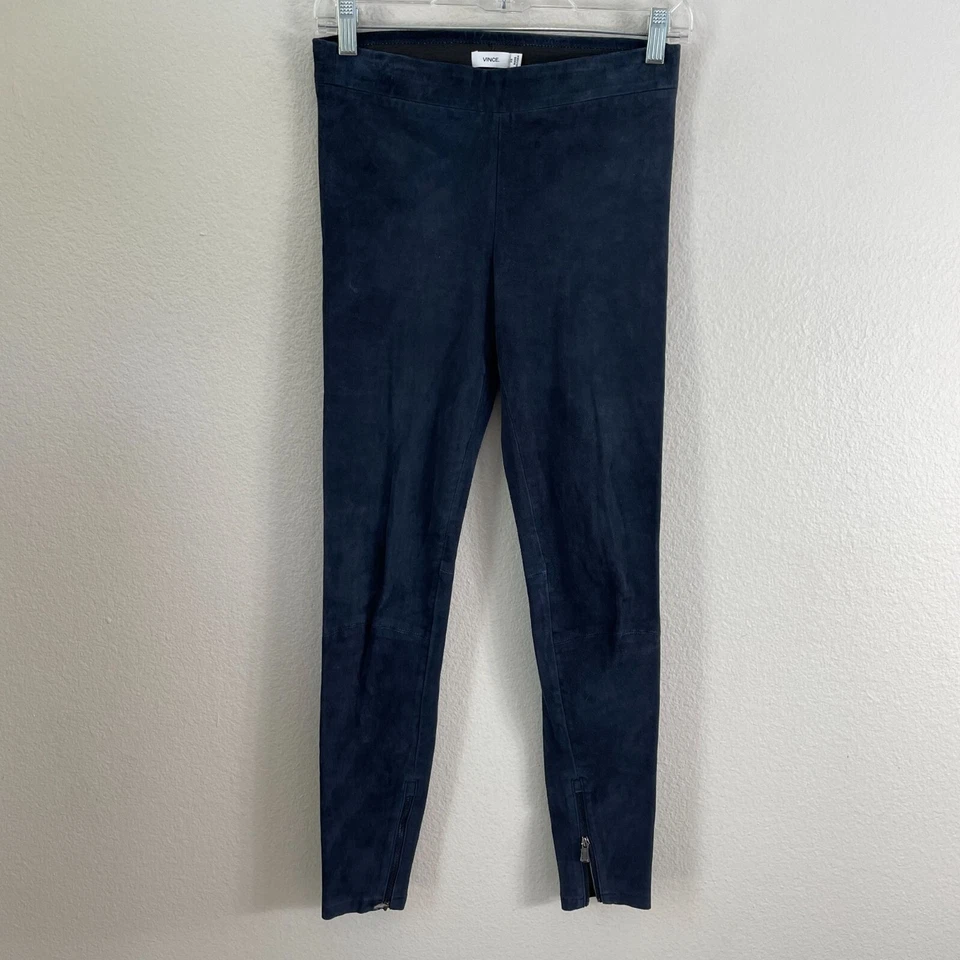Vince Mujer XS Azul Marino 100% Cuero Cordero Gamuza Leggings Con Cremalleras al Tobillo Foto 1 de 4