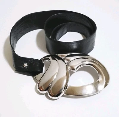 Vintage Designer Alexis Kirk Black Leather Belt 80s 90s Mod Silver Tone Buckle - Image 1 of 4
