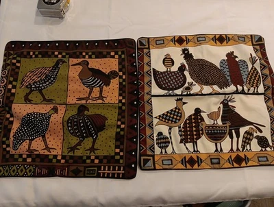 2 New AFRICAN ART ANIMALS Hand Made & Painted Throw Pillow Covers Guinea Fowl  - Image 1 of 4