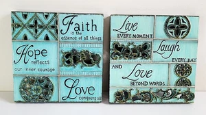 Live Love Love Wohndeko Emaille-Finish Wandkunst Set türkis braun 9,5"x9,5" - Bild 1 von 13