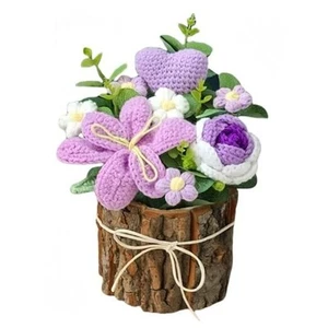 Crochet Flowers, Tulip Rose in Wooden Basket, Crochet Flower Bouquet, - Picture 1 of 7