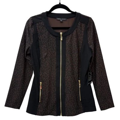 NEW Boston Proper Cheetah Print Jacket Zip Front Black Trim Gold Zippers Small - Image 1 of 4
