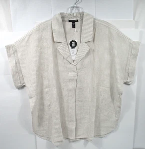 - Neu mit Etikett Eileen Fisher Oberteil kreidefarben Kerbkragen gepuckt Bio-Leinen gestreift Größe XL - Bild 1 von 3