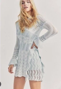 Loveshackfancy Kaelyn Patchwork Rüschen Seite Pullover Strick Mini Kleid In Blau XL - Bild 1 von 6