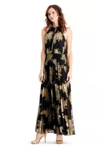MSK Metallic-Print Pleated Blouson Gown 24 Black Gold Floral Print Maxi Dress - Picture 1 of 12