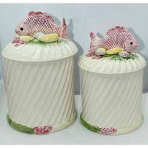 Fitz & Floyd Majolica Canister Set - Fish, Clams and Asparagus Cookie Jar Set - Picture 1 of 9