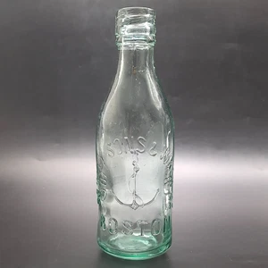 Antike Aqua Glas Flasche 20 cm geprägt Anker Boston Vintage Trinkflasche - Bild 1 von 21