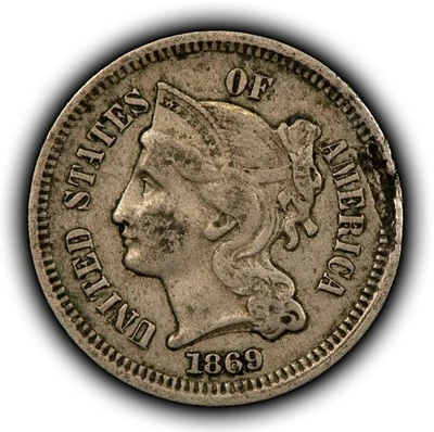 1869 3c Nickel Three Cent Piece - Mint Error Lamination - VF+ - SKU-Z6283 - Image 1 of 4