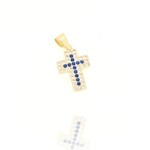 CROCE IN ARGENTO 925, CON STRASS NATURALI BLU COLORE DORATO - Foto 1 di 1