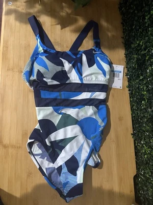 NIKE Women's Mesh Medium Floral Print V-Back One Piece Swimsuit Blue New $88 Tag - Image 1 of 4