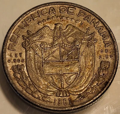 1961 Panama 1/10 Balboa Silver Coin! Extremely Nice Details And Toning! - Image 1 of 2