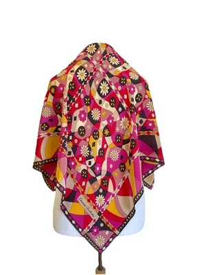 Y8#Christian Fischbacher Silk Scarf Pink Geometric Floral 100% Silk Square Italy - Image 1 of 4