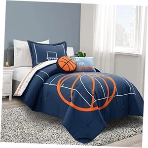  Basketball Game Reversible Comforter Twin Size 4 Piece Set, Navy - Kids  - Picture 1 of 8