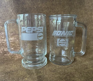Two Collectible Pepsi and Pepsi/SONIC Etched Clear Glass Handled Mugs - Picture 1 of 22